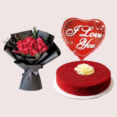 Red Velvet Cake with Roses & Balloon